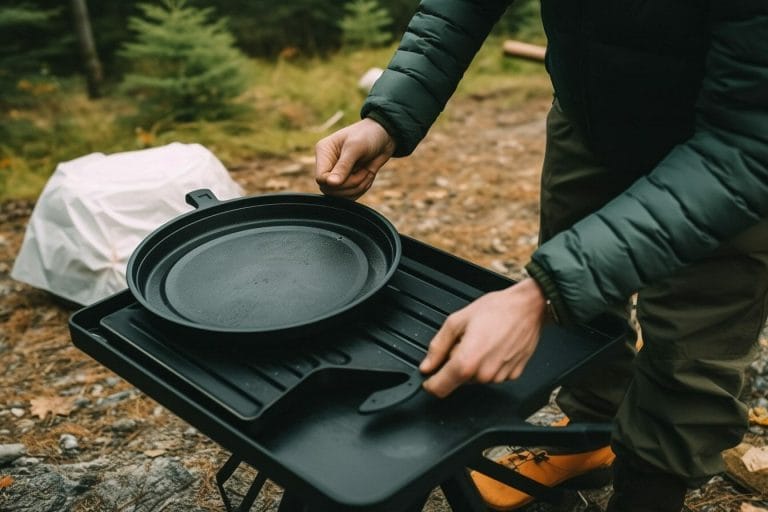 person holding a lightweight griddle with a raised lip and non-stick surface
