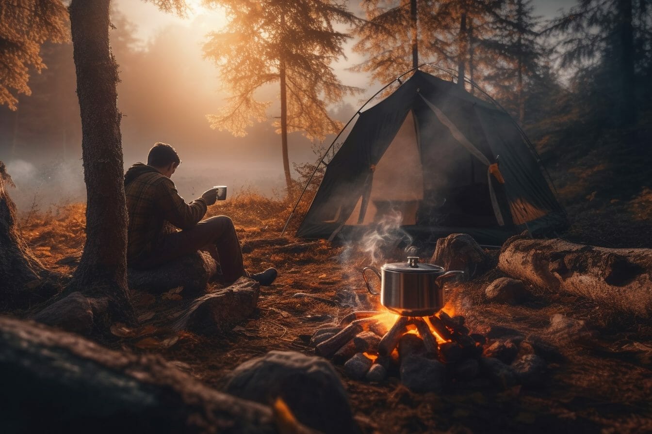 person sitting by a campfire, holding a campfire coffee mug while pouring freshly brewed coffee from a French press into the mug