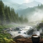 rugged camping coffee maker sitting on a rocky campsite with a steaming mug of coffee next to it, surrounded by a backdrop of lush green trees and a flowing river