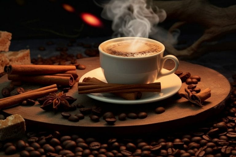 steaming cup of campfire coffee with a variety of flavor enhancers surrounding it, such as cinnamon sticks, vanilla beans, and chocolate chips