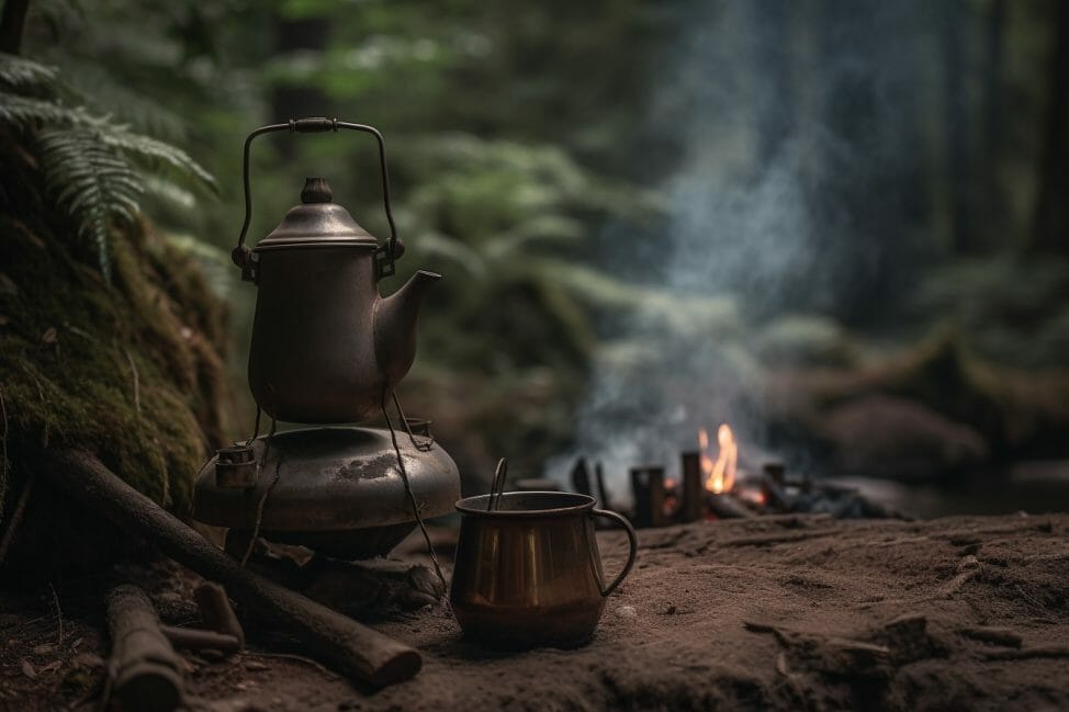 Turkish coffee pot sitting on a small campfire in a forest