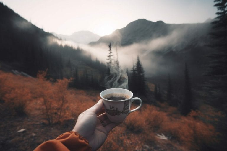 camper holding steaming cup of coffee in hand