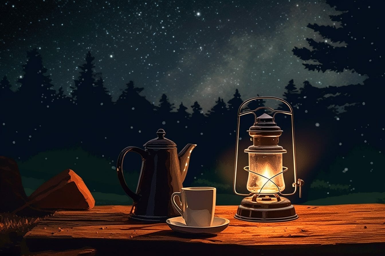 campsite with a French press and coffee mug on a wooden table