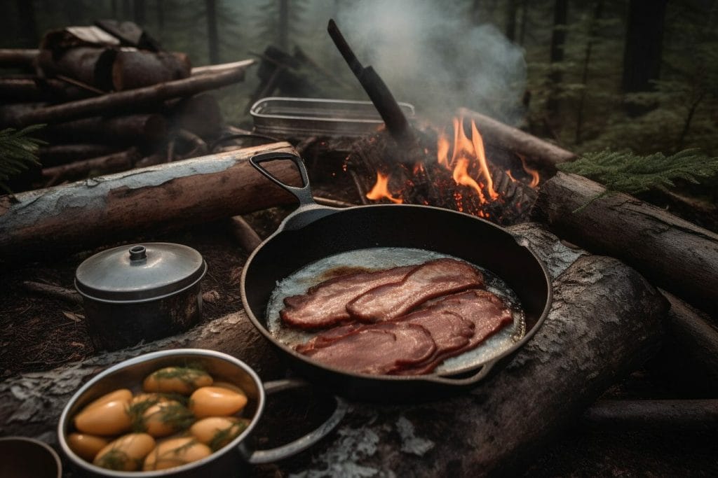 campsite with a cast iron griddle sizzling with delicious breakfast foods like bacon, eggs, and pancakes