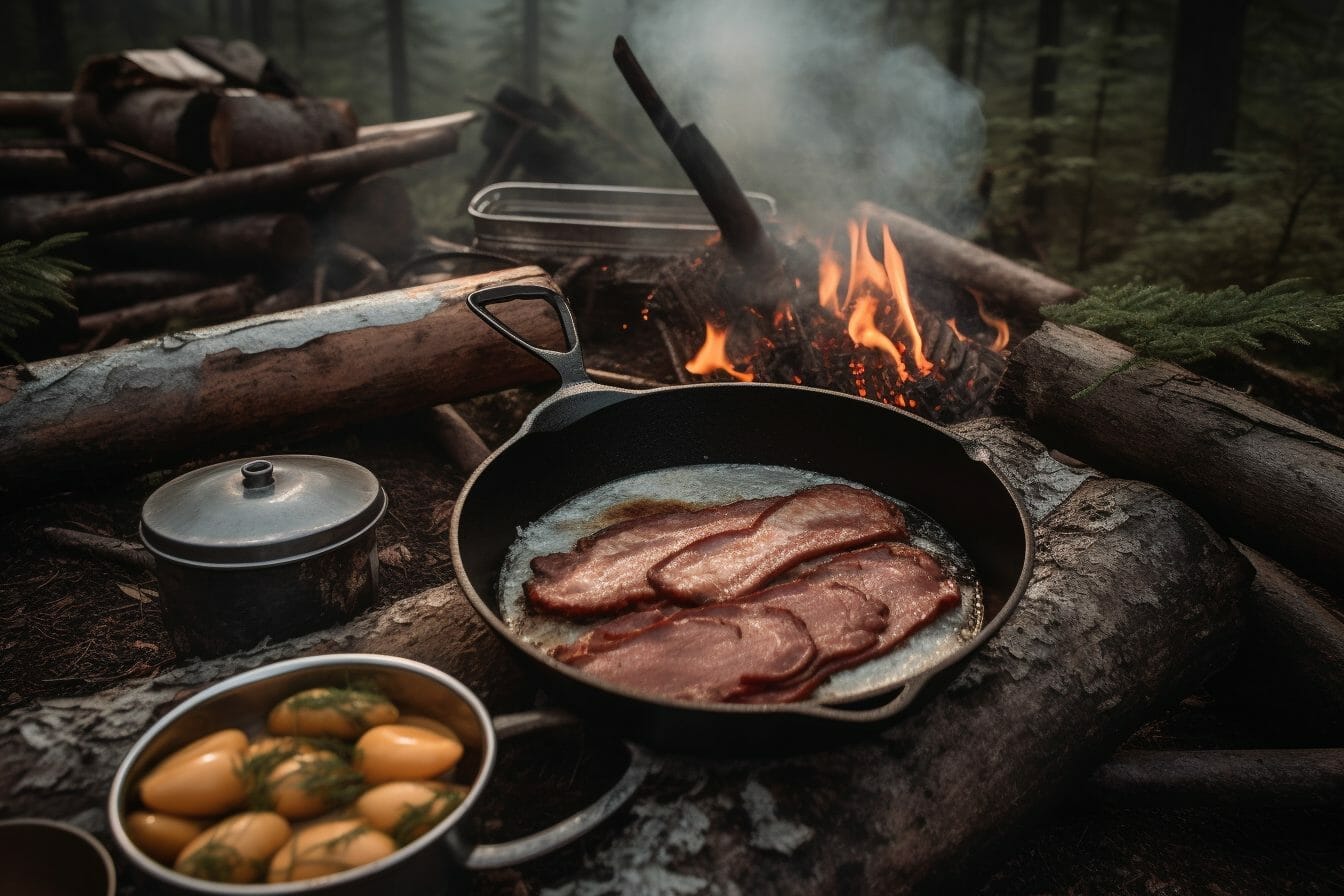 campsite with a cast iron griddle sizzling with delicious breakfast foods like bacon, eggs, and pancakes