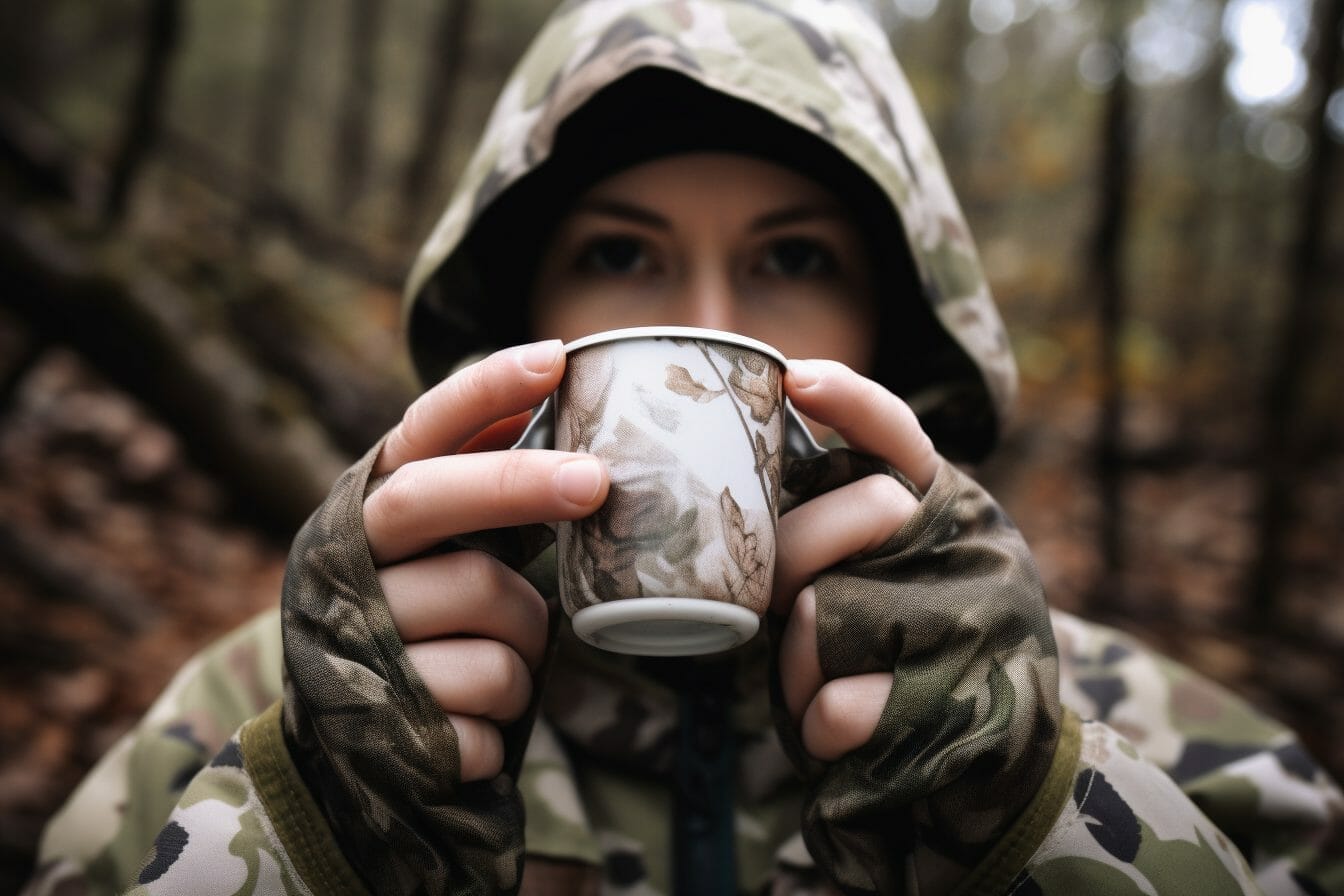 person at a campsite, holding a coffee cup