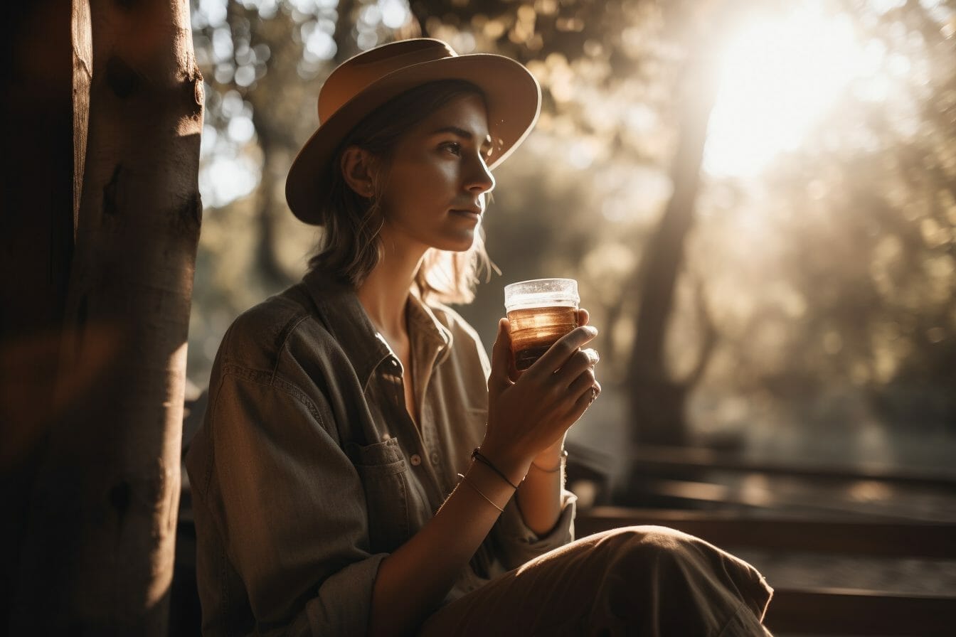 person sitting outdoors, surrounded by nature, holding a tall glass of cold brew coffee